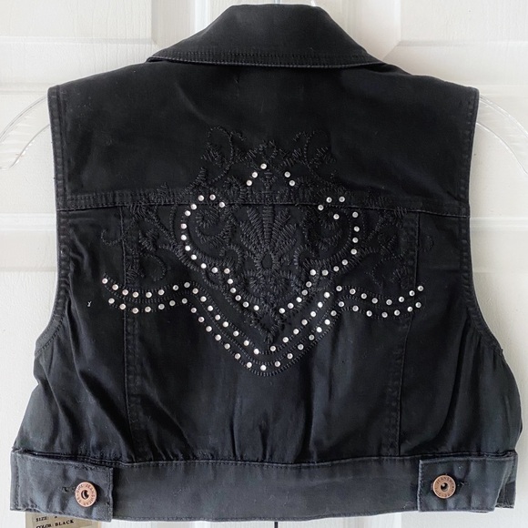 Be Girl Women Juniors Black Rhinestone Crochet Denim Crop Shirt Vest Stretch M L - Picture 11 of 11